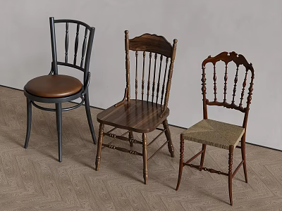 Three Various Style Leisure Chairs With Leather Wooden Fabric Seats And Carved Details 3d model