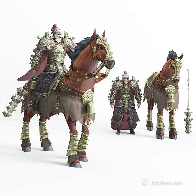Armored Warrior With Traditional Armor Riding Decorated War Horse And Holding Spear 3d model 