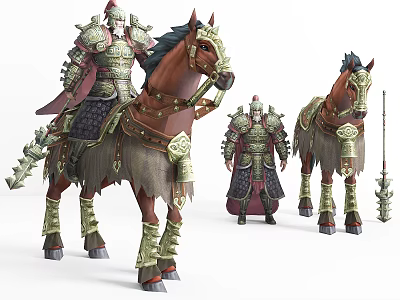 Armored Warrior With Traditional Armor Riding Decorated War Horse And Holding Spear 3d model