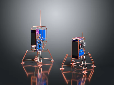 Two Metal Frame Devices With Copper Stands Blue Black Panels And Reflective Base 3d model