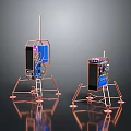 Two Metal Frame Devices With Copper Stands Blue Black Panels And Reflective Base