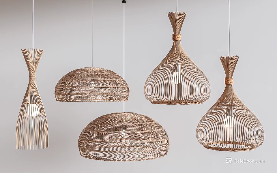 Handwoven Rattan Pendant Lights With Modern Natural Design And Hanging Shapes 3d model 