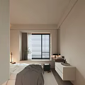 Modern Minimalist Bedroom Interior With Bed Gray Blanket Bedside Table Window Blinds And Plant