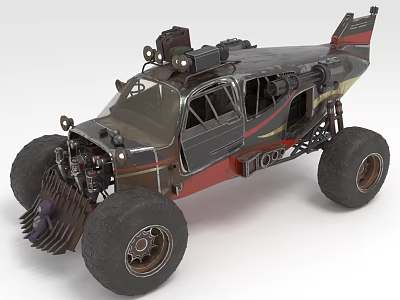 Off Road Custom Car With Large Tires Metal Armor Exposed Engine And Rear Spoiler 3d model