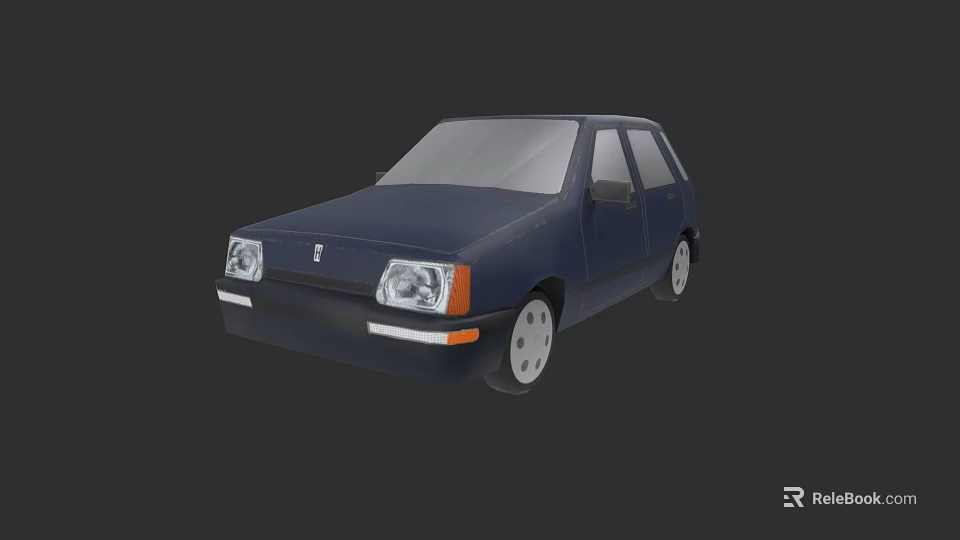 Dark Blue Small Hatchback Car With Classic Front Face Design Headlights And White Wheels 3d model 