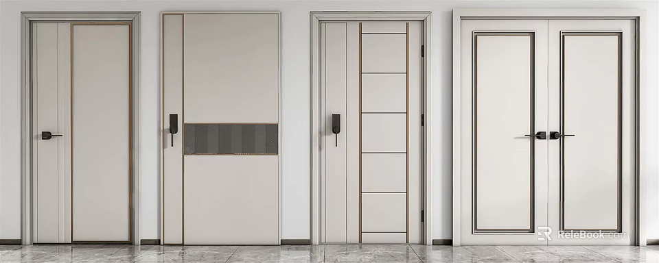 Three Modern Light Colored Hinged Doors With Panel Designs And Decorative Strip 3d model