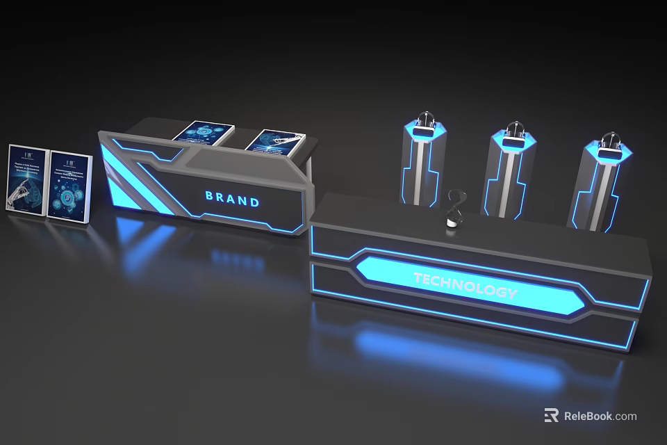 Modern Technology Brand Check In Platform With Illuminated Display And Devices 3d model