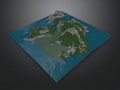 Realistic 3D Waterfront Landscape with Island Green Vegetation and Rocky Mountains 3d model