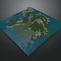 Realistic 3D Waterfront Landscape with Island Green Vegetation and Rocky Mountains