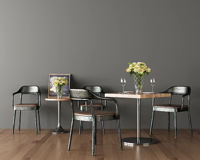 Modern Wooden Table And Metal Frame Chair Set With White Flower Vase And Wine Glasses 3d model
