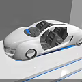Car Showroom Featuring White Modern Car Open Doors Black Seats On Blue Line Display Platform