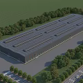 Large Modern Industrial Warehouse With Multiple Roof Structures Surrounded by Green Trees 3d model