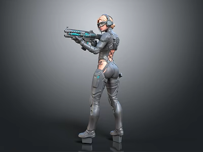 Futuristic Female Warrior In Cybernetic Armor With Advanced Energy Weapon 3d model