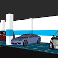 Modern Parking Lot with Parked Multi Colored Cars Blue Lines Arrows and White Pillars