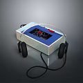 Portable White Electronic Appliance With Blue Display Screen And Attached Black Headphones
