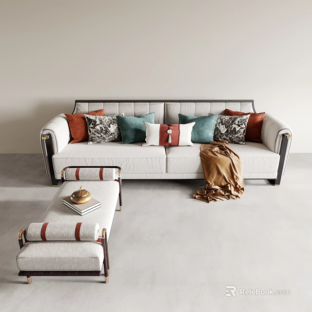 Modern Sofa Set With Mixed Color Patterned Pillows Cozy Throw And Ottoman In Interior 3d model