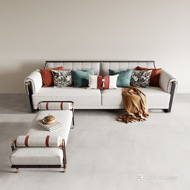 Modern Sofa Set With Mixed Color Patterned Pillows Cozy Throw And Ottoman In Interior 3d model 
