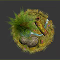 Cartoon Scene With Green Pine Tree Yellow Grass Stones Small Flowers And Floating Particles