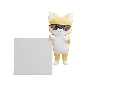 Cute Cartoon Corgi Doll Wearing Sunglasses Holding Straw And Blank Sign 3d model