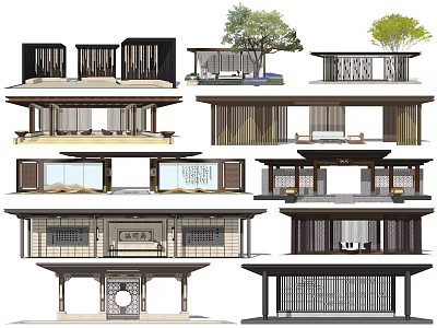 Traditional Chinese Wooden Pergola Designs With Various Roof Structures And Garden Elements 3d model