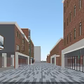Vibrant Commercial Street With Red Brick Buildings Outdoor Seating Green Plants And People Walking