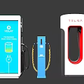 VCLAT And Tesla Electric Vehicle Charging Stations With Smart Display And Cables