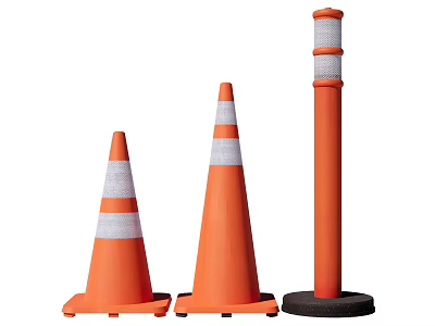 Orange Traffic Cones And Warning Post With Reflective Stripes For Road Safety 3d model