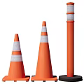 Orange Traffic Cones And Warning Post With Reflective Stripes For Road Safety