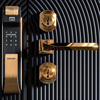 Modern Smart Lock With Digital Keypad Gold Lock Cylinder And Handle Design 3d model