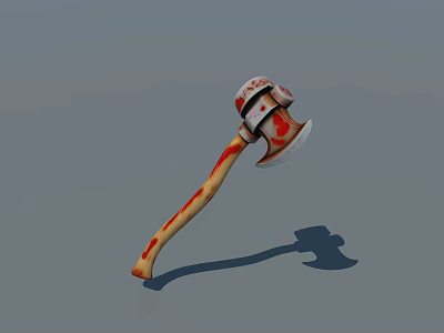 Blood Stained Axe Weapon With Wooden Handle And Metal Head On Gray Background 3d model