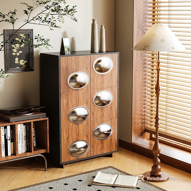 Modern Wooden Entryway Cabinet Sideboard With Circular Metal Accents Decorative Vases Potted Plant And Bookshelf 3d model 