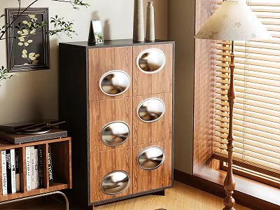 Modern Wooden Entryway Cabinet Sideboard With Circular Metal Accents Decorative Vases Potted Plant And Bookshelf 3d model