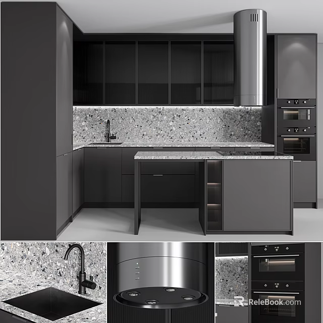 Sleek Modern Kitchen Interior With Dark Cabinets Marble Island Countertop And Stainless Steel Ovens 3d model 