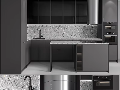 Sleek Modern Kitchen Interior With Dark Cabinets Marble Island Countertop And Stainless Steel Ovens 3d model