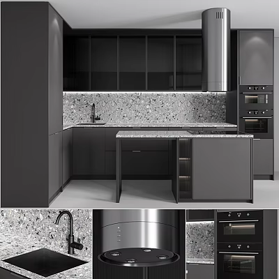 Sleek Modern Kitchen Interior With Dark Cabinets Marble Island Countertop And Stainless Steel Ovens 3d model