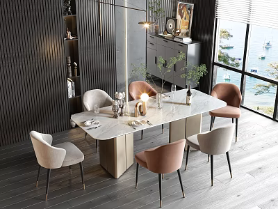 Modern Dining Table Set With Marble Top Six Beige Pink Chairs And Sea View Interior 3d model