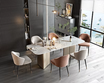 Modern Dining Table Set With Marble Top Six Beige Pink Chairs And Sea View Interior 3d model