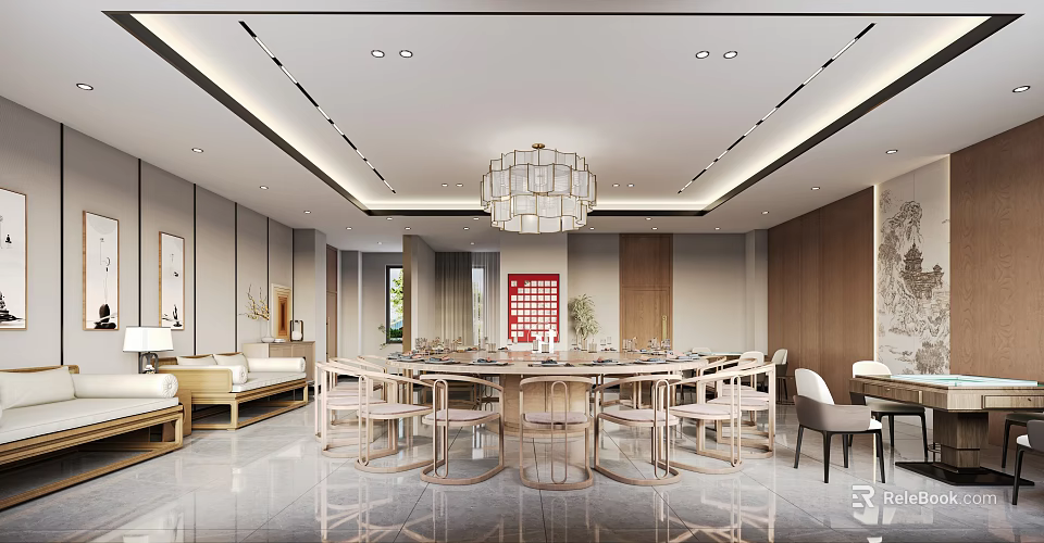 Luxurious Private Dining Room With Round Table And Chandelier 3d model