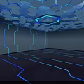 Futuristic Cartoon Scene With Hexagon Ceiling Blue Lights And Glowing Lines