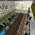 Bright Modern Restaurant Interior With Yellow Decor Wooden Tables Hanging Lamps And Wall Artwork