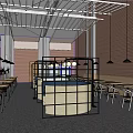 Spacious Lounge Area With Wooden Partitions Metal Roof Structure And Hanging Lights
