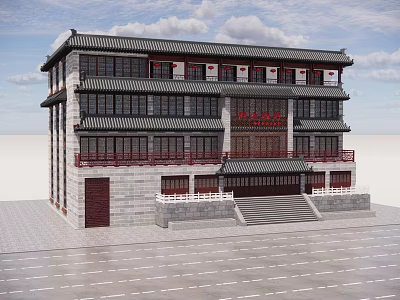 Traditional Chinese Ancient Architecture With Tiled Roof Wooden Structure And Stone Steps 3d model