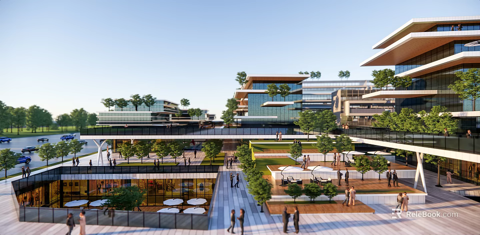 Modern Office Building Design With Rooftop Greenery Open Plaza And Pedestrians 3d model 