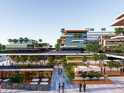 Modern Office Building Design With Rooftop Greenery Open Plaza And Pedestrians 3d model