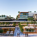 Modern Office Building Design With Rooftop Greenery Open Plaza And Pedestrians