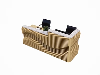 Modern Wavy Wood Grain Reception Desk With White Countertop Black Chairs And Small Plant 3d model