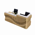 Modern Wavy Wood Grain Reception Desk With White Countertop Black Chairs And Small Plant