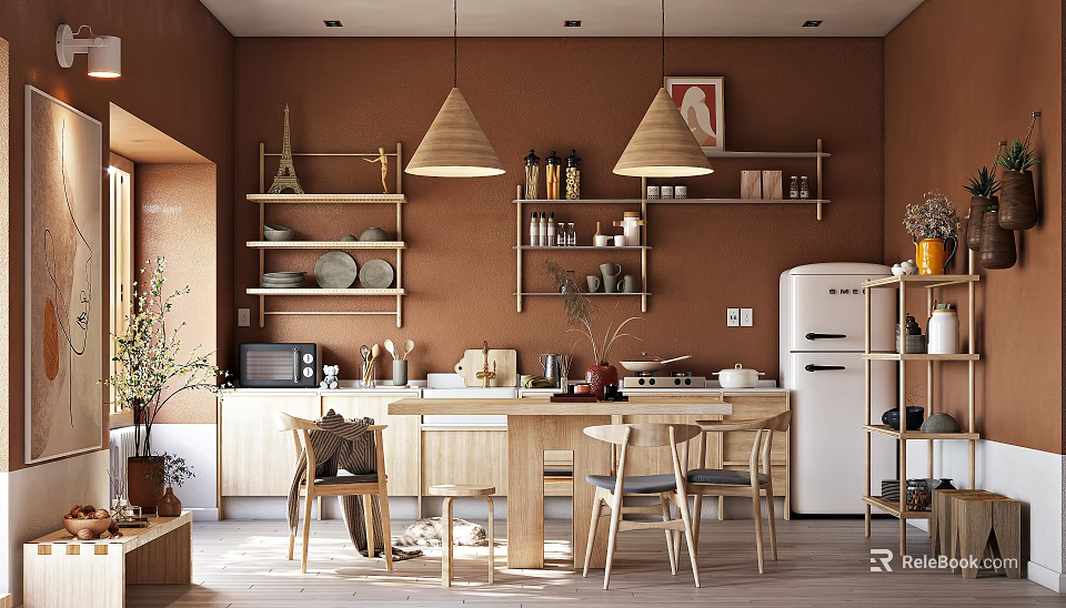 Warm Restaurant Interior With Brown Walls Wooden Dining Table Hanging Pendant Lights And Open Kitchen 3d model 