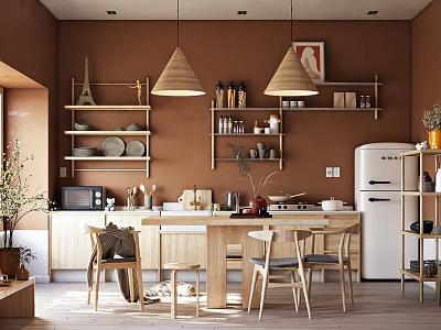Warm Restaurant Interior With Brown Walls Wooden Dining Table Hanging Pendant Lights And Open Kitchen 3d model