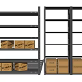 Black Display Racks With Multiple Tiers And Labeled Cardboard Boxes 3d model
